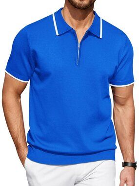 Men's Royal Blue Zipper Polo Shirt Casual Knit Short Sleeve Classic Fit Tee Styl